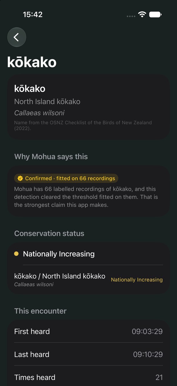A detail view for kokako, showing the standing, the number of recordings its threshold was fitted on, and its conservation status.