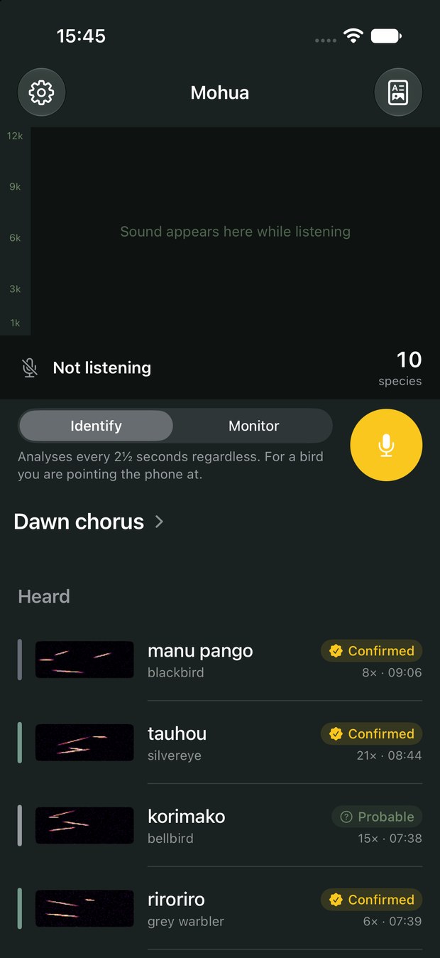The app's main screen: a spectrogram pane, Identify and Monitor modes, and a list of birds heard, each with a standing badge.